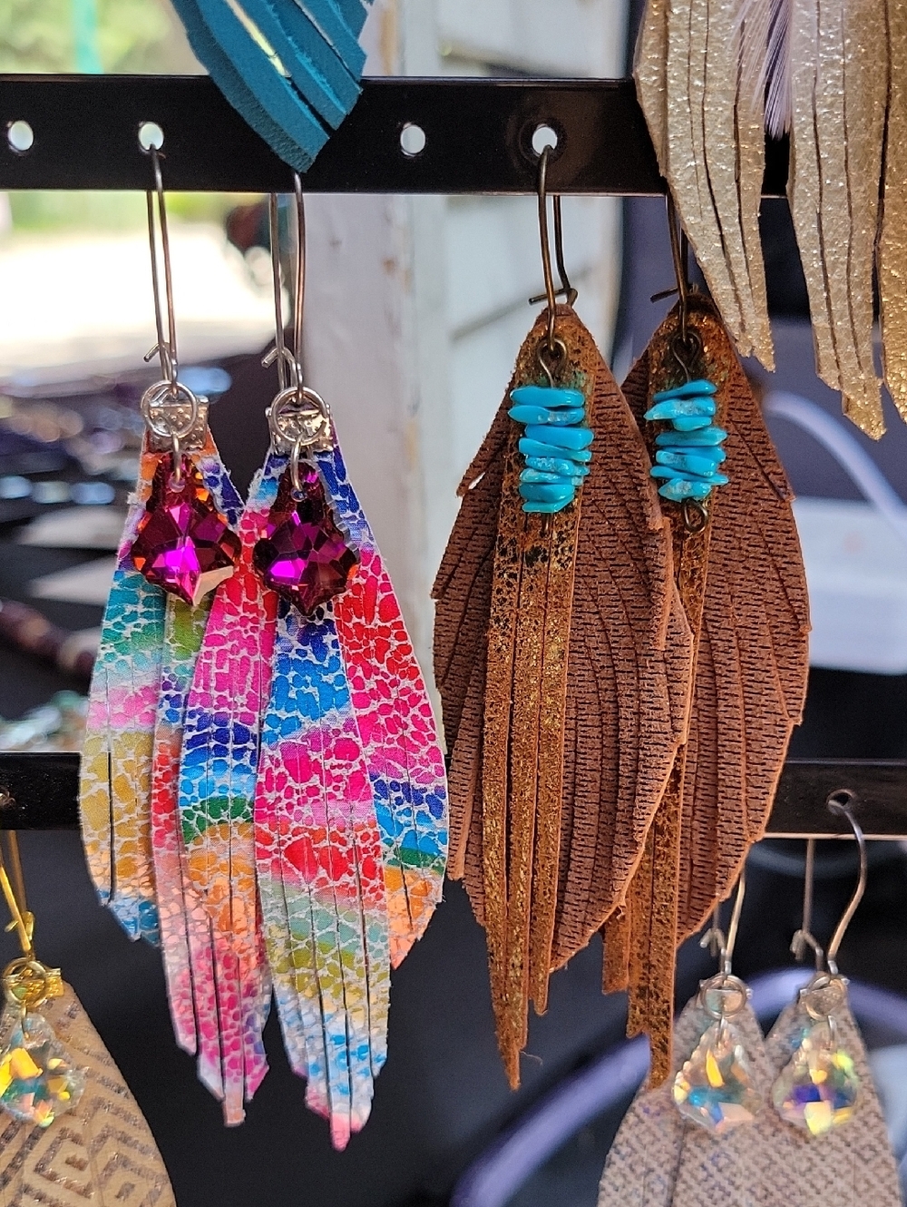 Colorful Rainbow Fringe Leather Earrings | Turquoise Bead Fringe Earrings